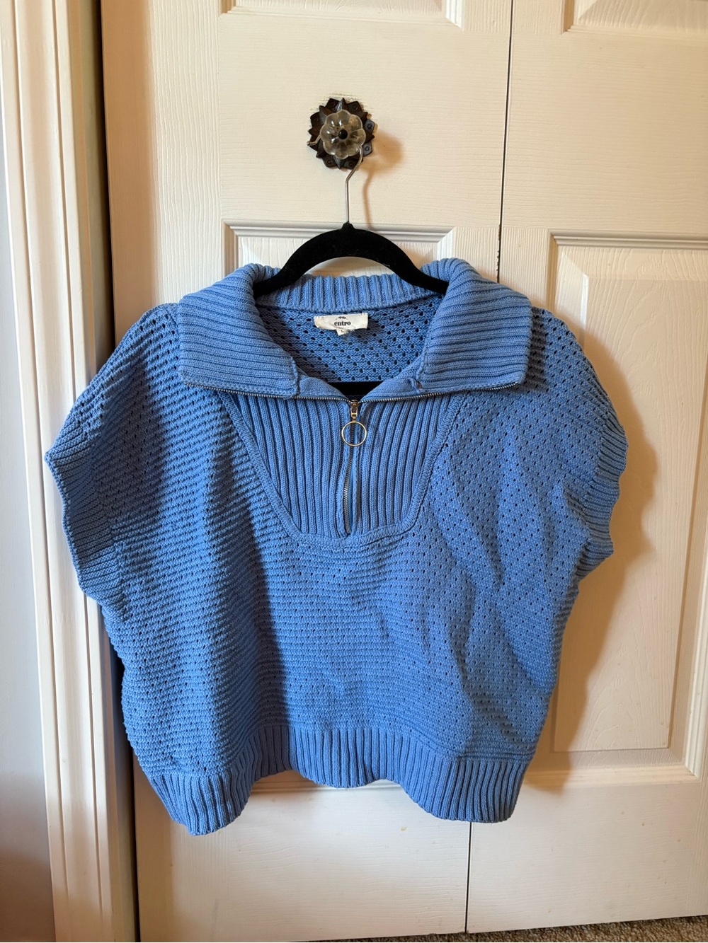 entro Light Blue Short-Sleeve Knit Sweater with Zip Collar